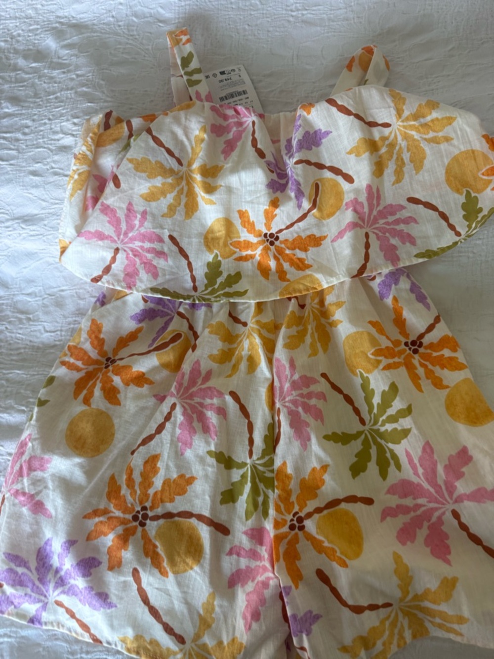 Zara White Sundress with Pink, Orange, Yellow & Purple Palm Print 100% linen nwt